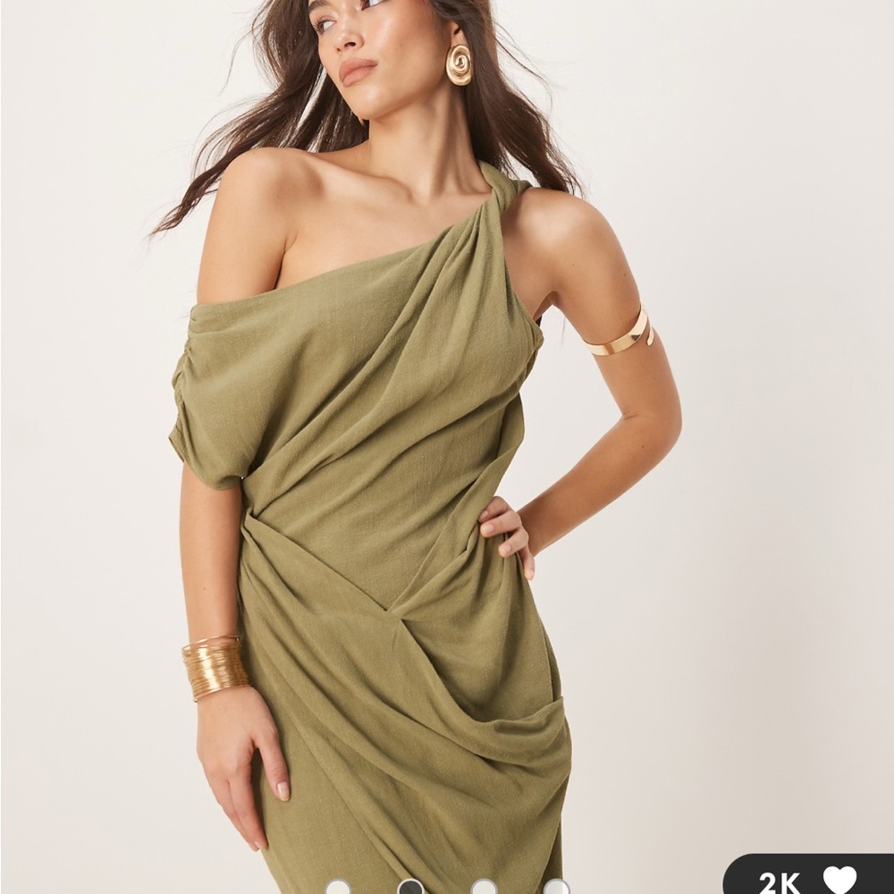 Olive Green One-Shoulder Linen Blend Midi Dress